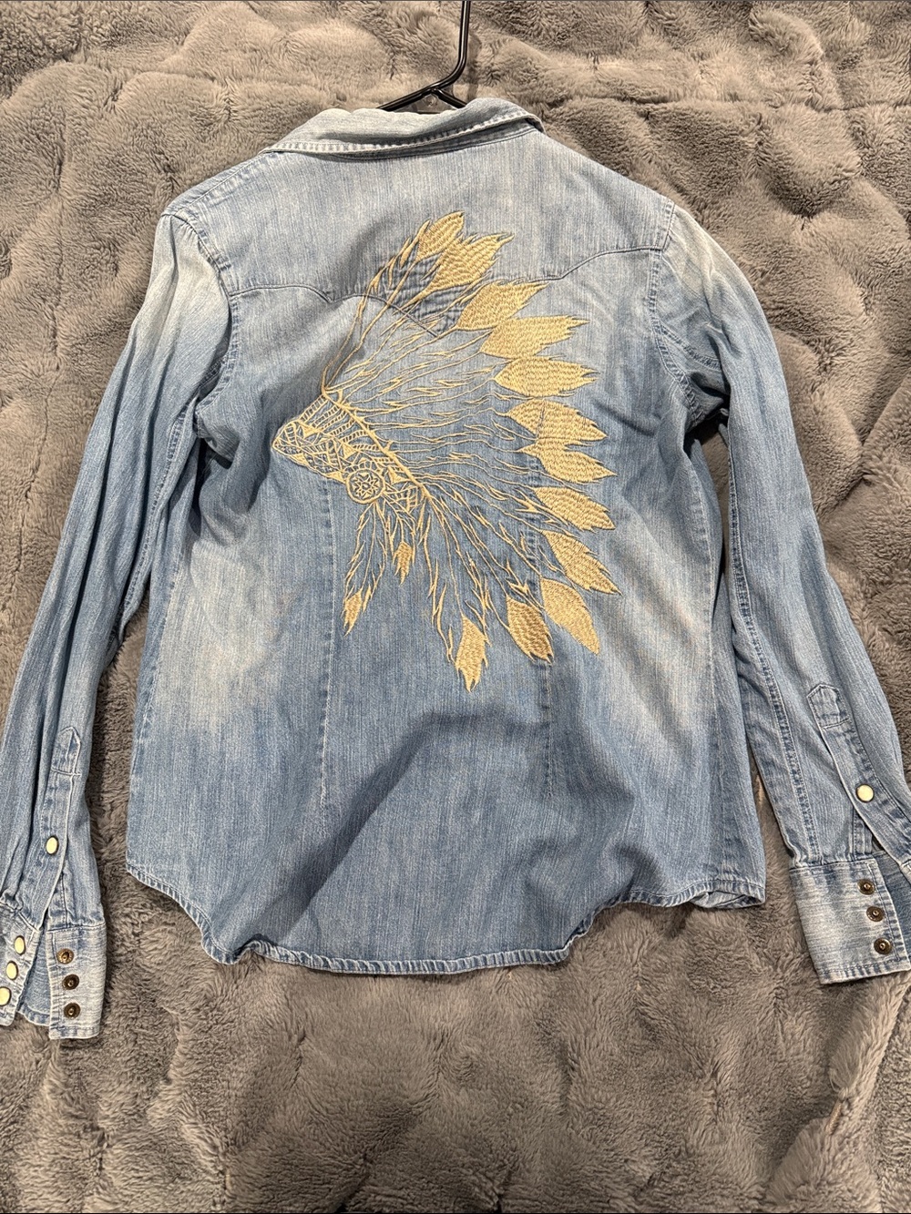 Denim Button-Up Shirt with Embroidered Native Headdress